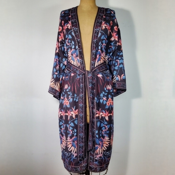 Jealous Tomato Size L Robe Duster Black Tropical Floral Belted Snake Long Sleeve